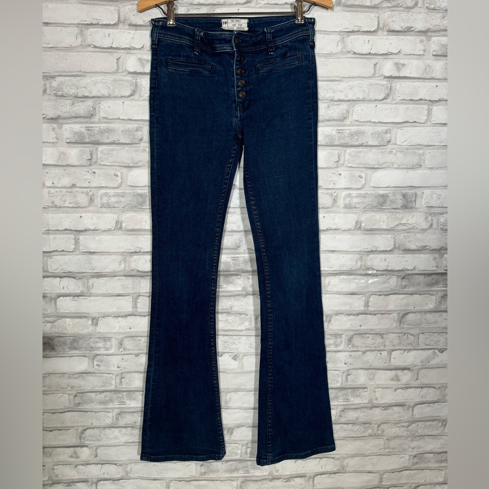 Free People Dark Denim Button Fly Flare Jeans